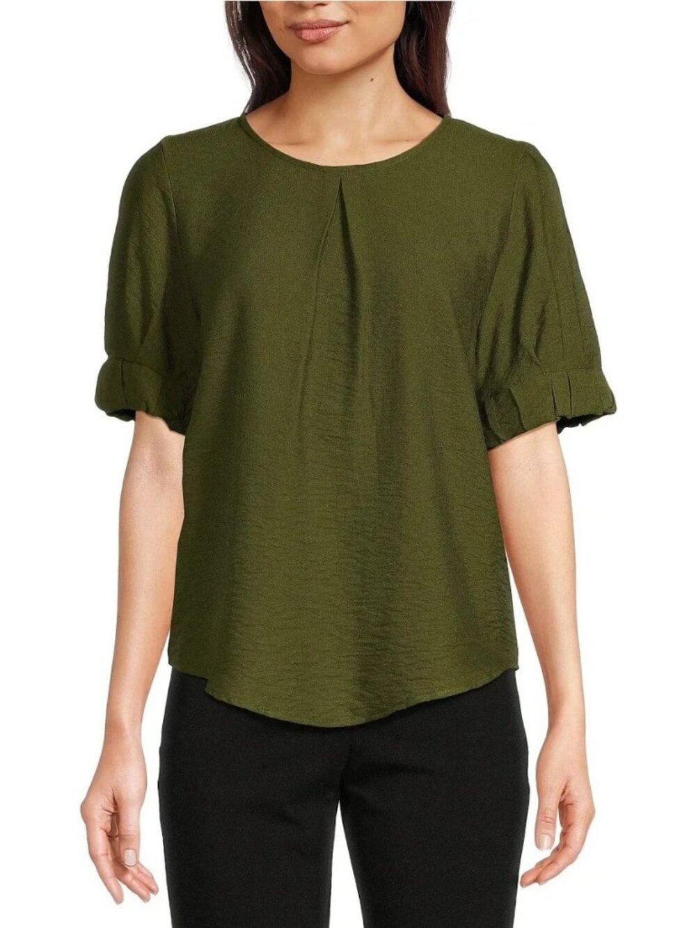 DKNY Women's Puff-Sleeve Pleated Blouse Rayon Olive Green Size XS $79